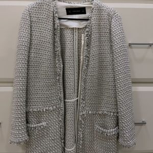 Tweed blazer. White and olive thread mix.